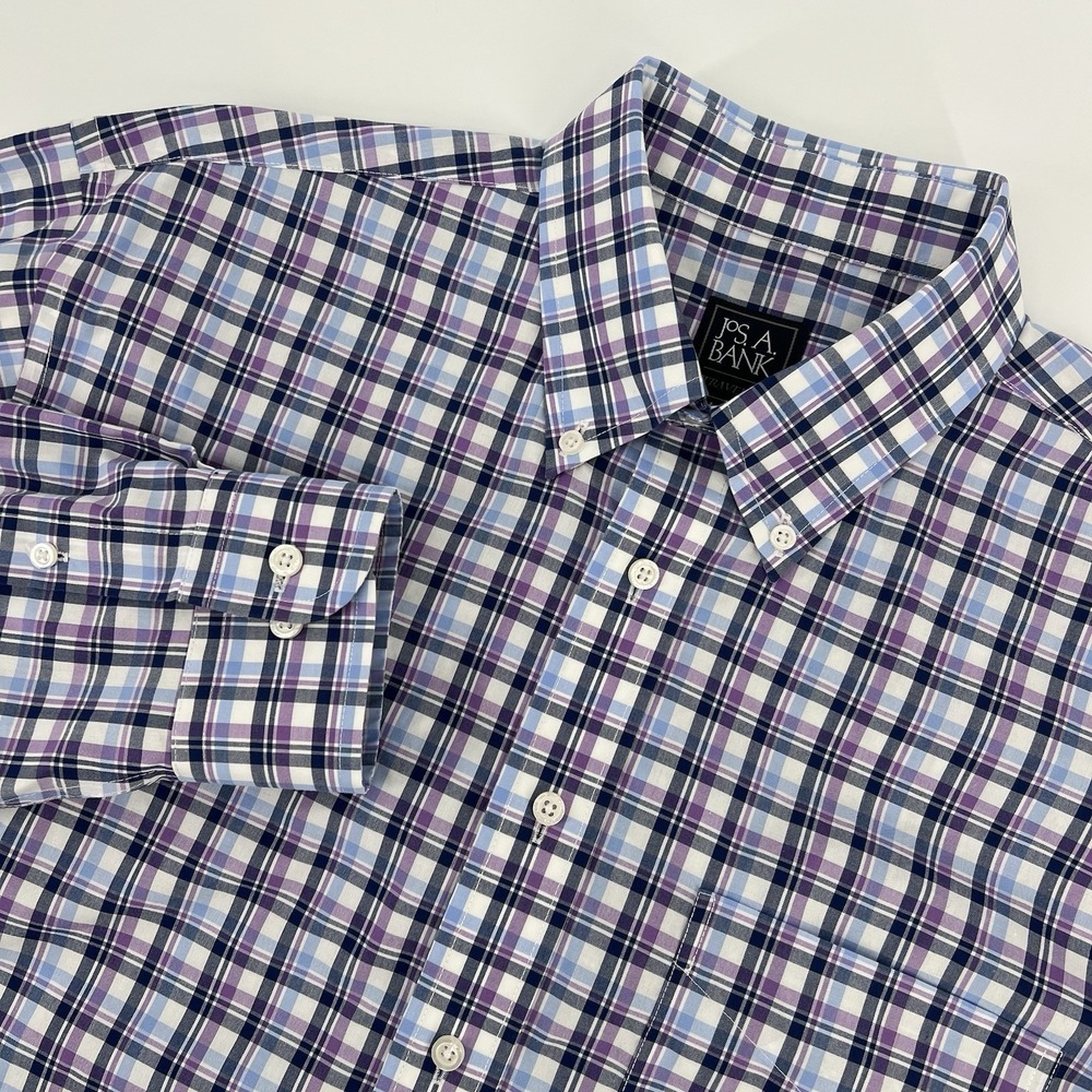 Jos. A. Bank Dress Shirt Men's Size Large Traveler Long Sleeve Blue Purple Plaid